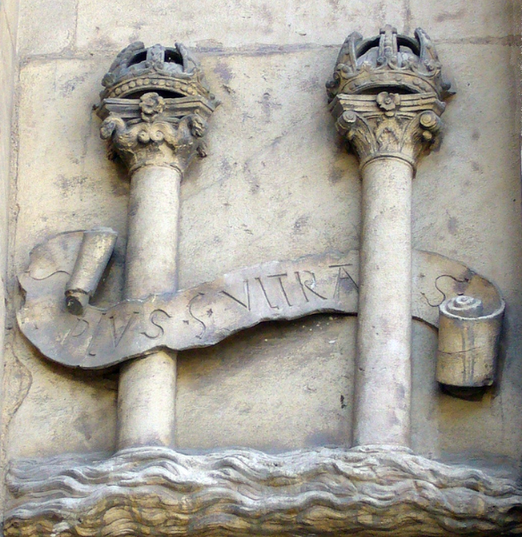 Historic Pillars of Hercules relief inscribed with the Plus Ultra motto